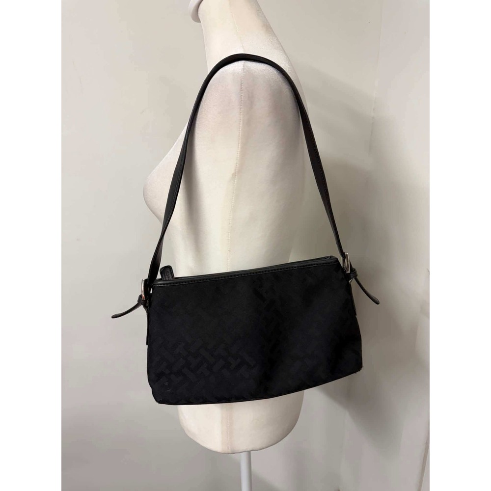 Talbots Black Jacquard T-Logo Shoulder Bag Leather Trim Baguette Purse